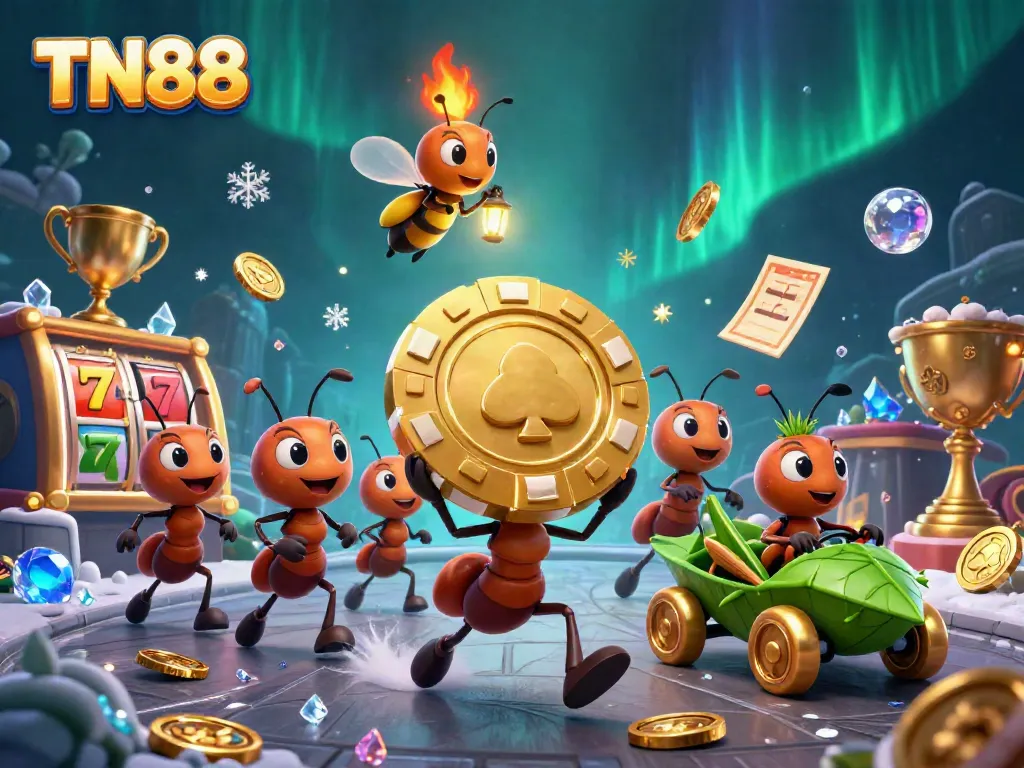 Ants manage a heist with a golden poker chip in a vibrant TN88 casino scene filled with game elements.