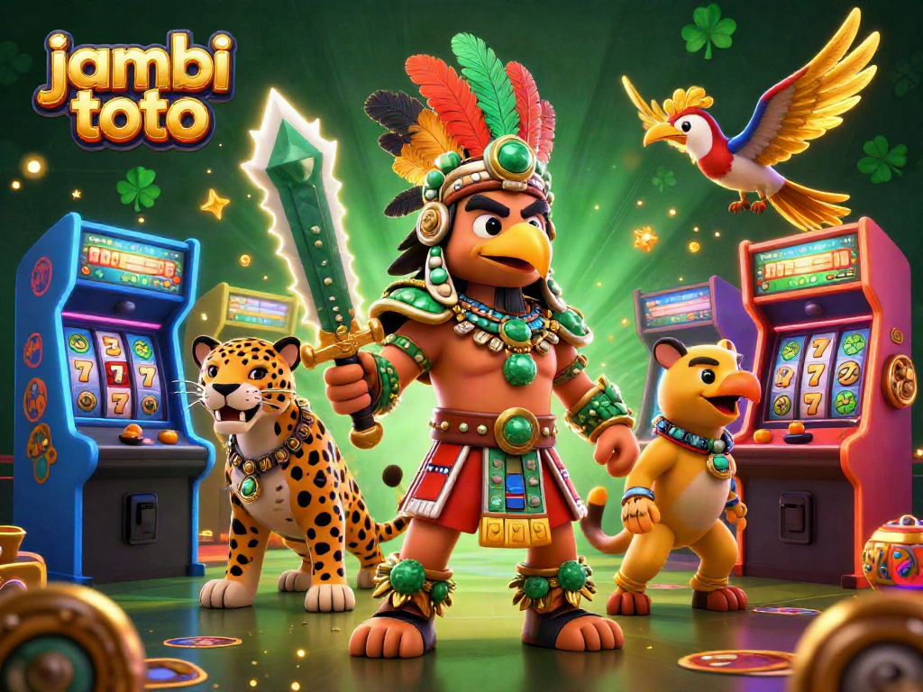 Experience thrilling gameplay with jambi toto in a vibrant casino scene featuring Aztec warriors and arcade machines.