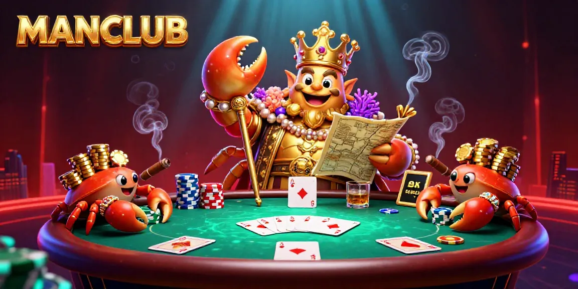 Engage in poker excitement with the MANCLUB golden crab emperor and vibrant game elements.