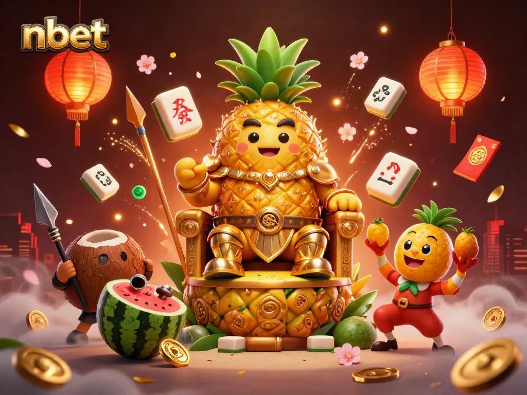 Experience the vibrant casino scene with nbet's golden pineapple king and lively characters celebrating gambling.