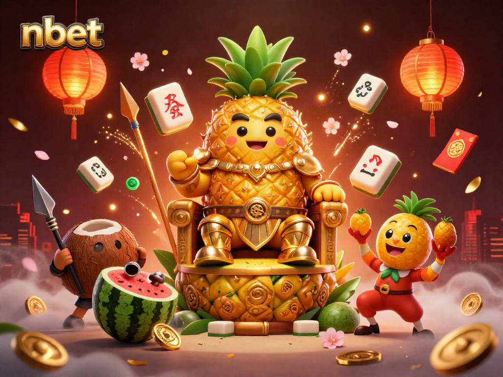 Experience the vibrant casino scene with nbet's golden pineapple king and lively characters celebrating gambling.