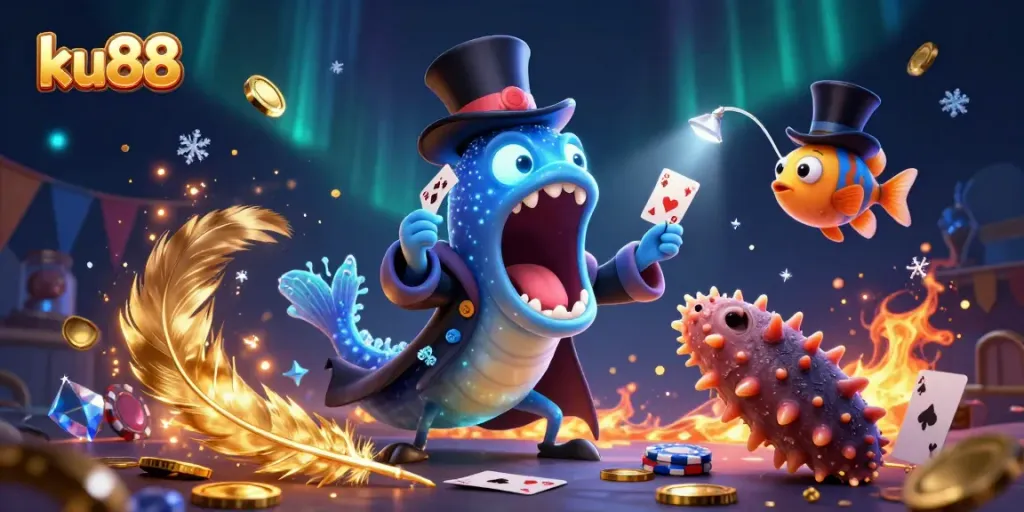 Experience thrilling card tricks by ku88's deep-sea characters in a vibrant casino scene.