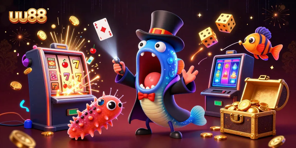 uu88's vibrant casino magic scene with bioluminescent characters and a jackpot explosion