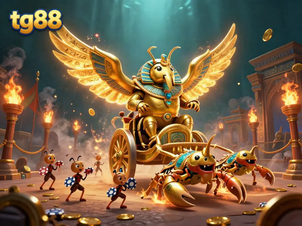 Experience thrilling action at tg88 with golden beetles and scorpions in a vibrant casino setting.