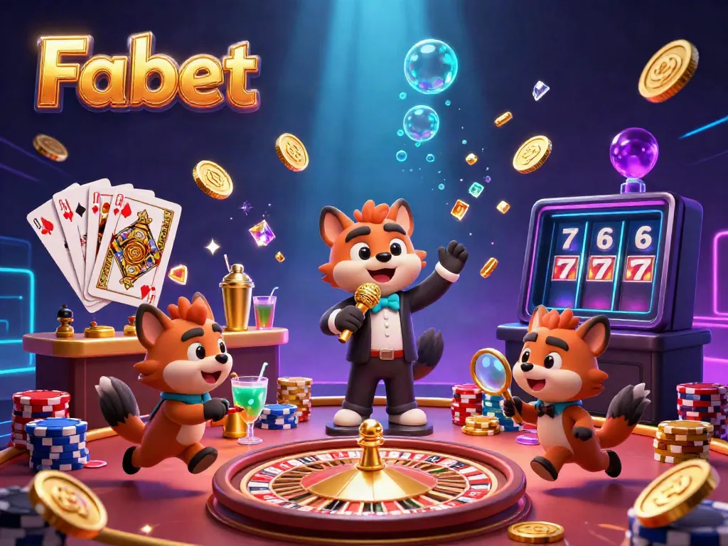 Experience Fabet's vibrant casino scene featuring cartoon hyenas, dynamic game elements, and lively entertainment.