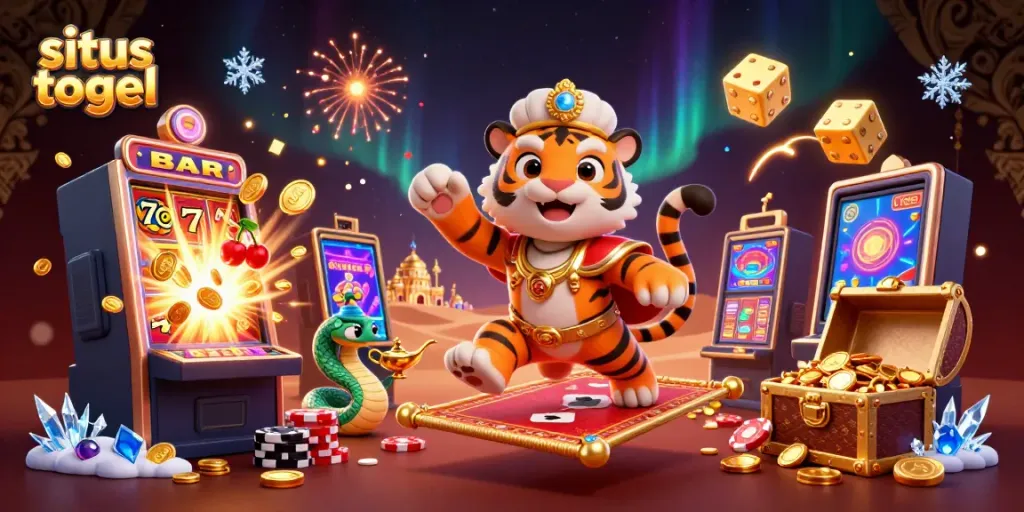 Experience the excitement of situs togel with a vibrant 3D scene filled with animated casino elements and characters.