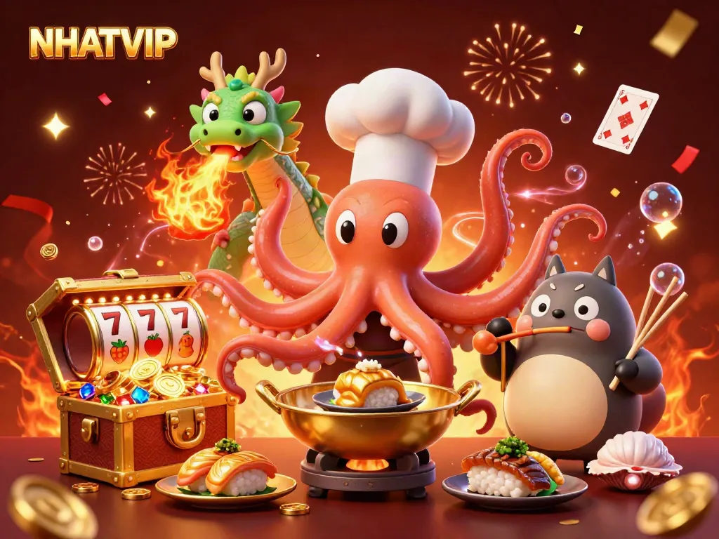 Join the excitement at NHATVIP casino where a sushi chef octopus and a dragon create winning dishes amidst vibrant slot elements.