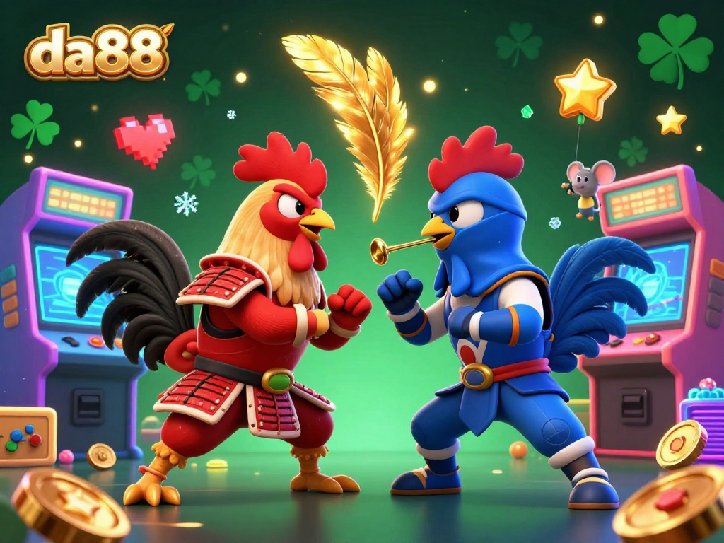 da88 showcases a dramatic standoff with 3D cartoon roosters in a vibrant casino setting.
