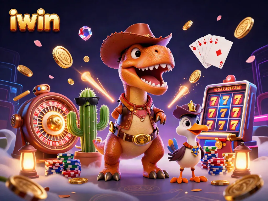 Spin to win at iwin with a vibrant casino scene featuring a cowboy dinosaur, tokens, and exciting games.