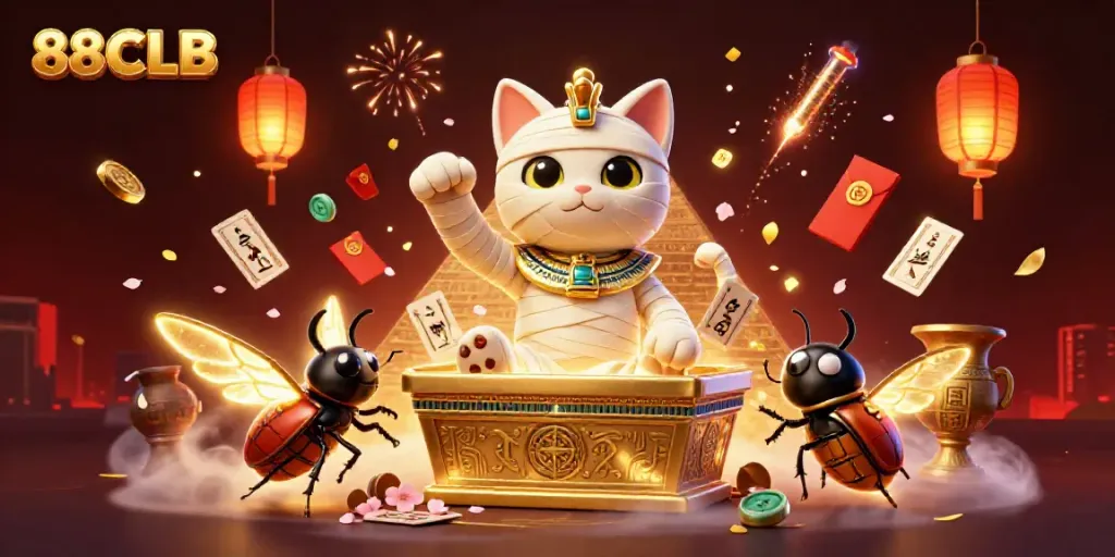 Experience the thrill of 88CLB casino with vibrant 3D imagery of a mummy cat and glowing elements.
