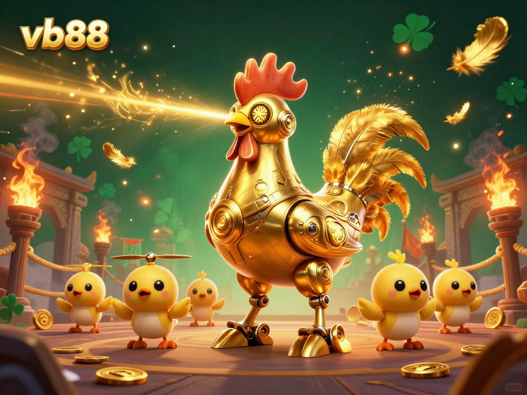 vb88 showcases an exciting 3D casino illustration featuring a golden rooster robot with baby chick drones.