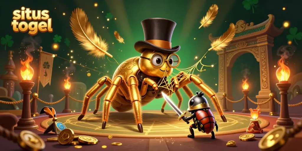 Experience thrilling gameplay at situs togel with a golden tarantula and beetle knight in a captivating casino scene.