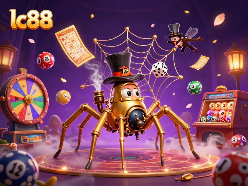 Experience the thrill of lc88 with a captivating 3D illustration of a steampunk spider and colorful gaming elements.