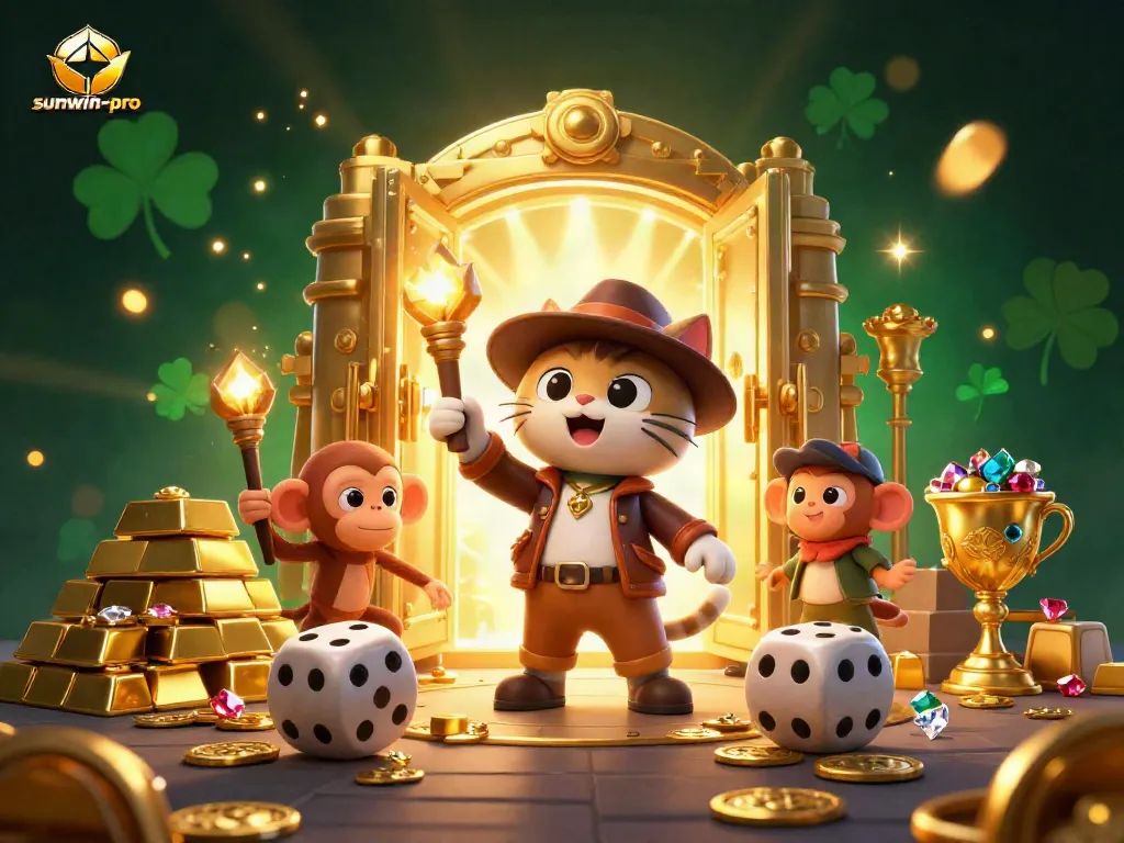 sunwin-pro showcases a cartoon cat archaeologist uncovering a golden casino relic amid cinematic treasure