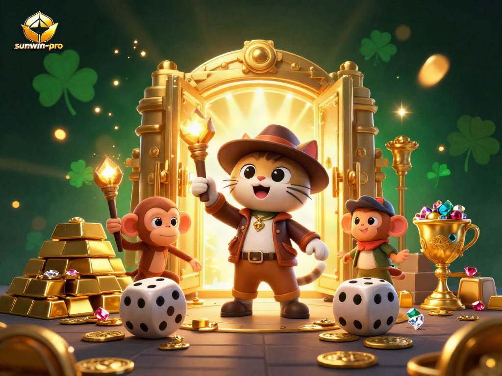 sunwin-pro showcases a cartoon cat archaeologist uncovering a golden casino relic amid cinematic treasure