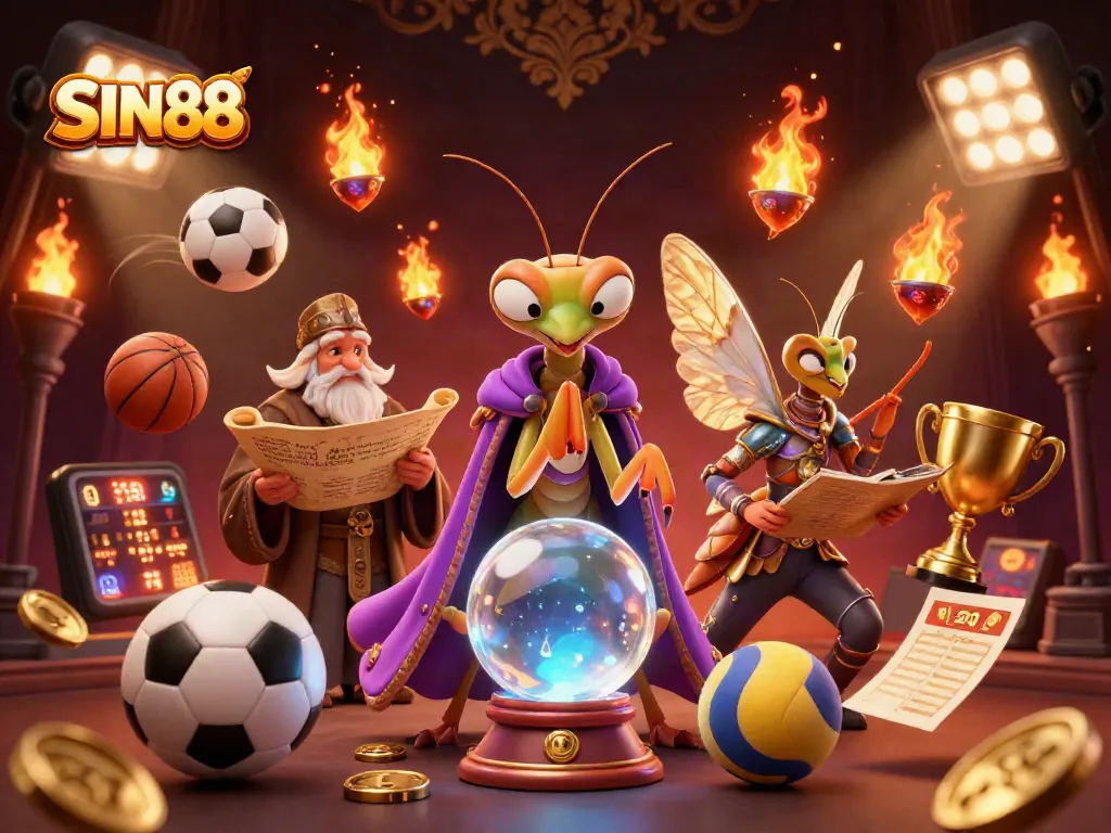 SIN88 engages players with a 3D illustration of a praying mantis fortune teller and sports elements, enhancing the betting experience.