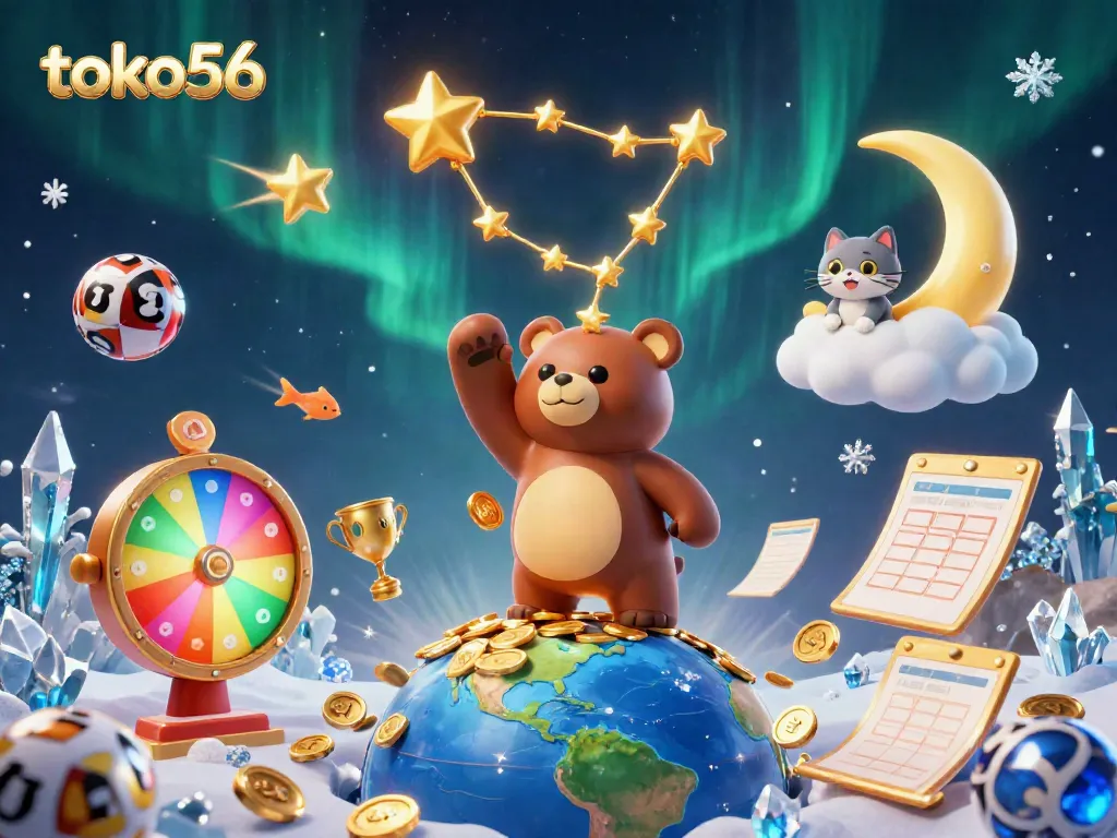 Experience the excitement of winning with toko56 as a constellation bear interacts with colorful lottery elements.