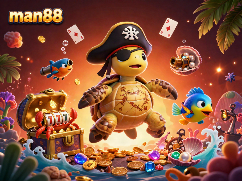 Join the adventure at man88 as the pirate turtle leads your gaming journey through vibrant treasures.