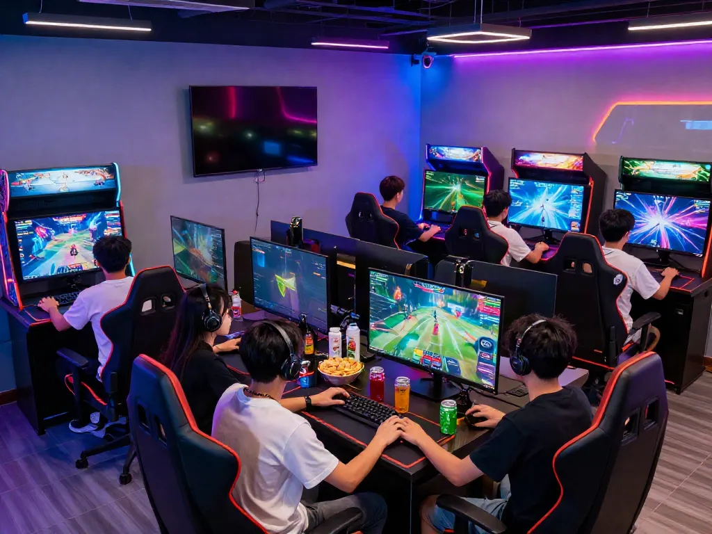 Hit club gaming lounge with friends enjoying thrilling online games and vibrant atmosphere.