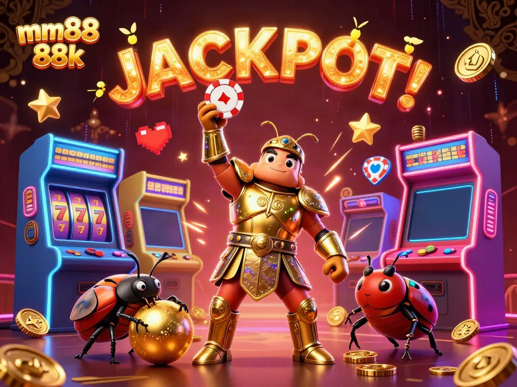 Win big with mm88 88k featuring a victorious beetle champion and casino elements.