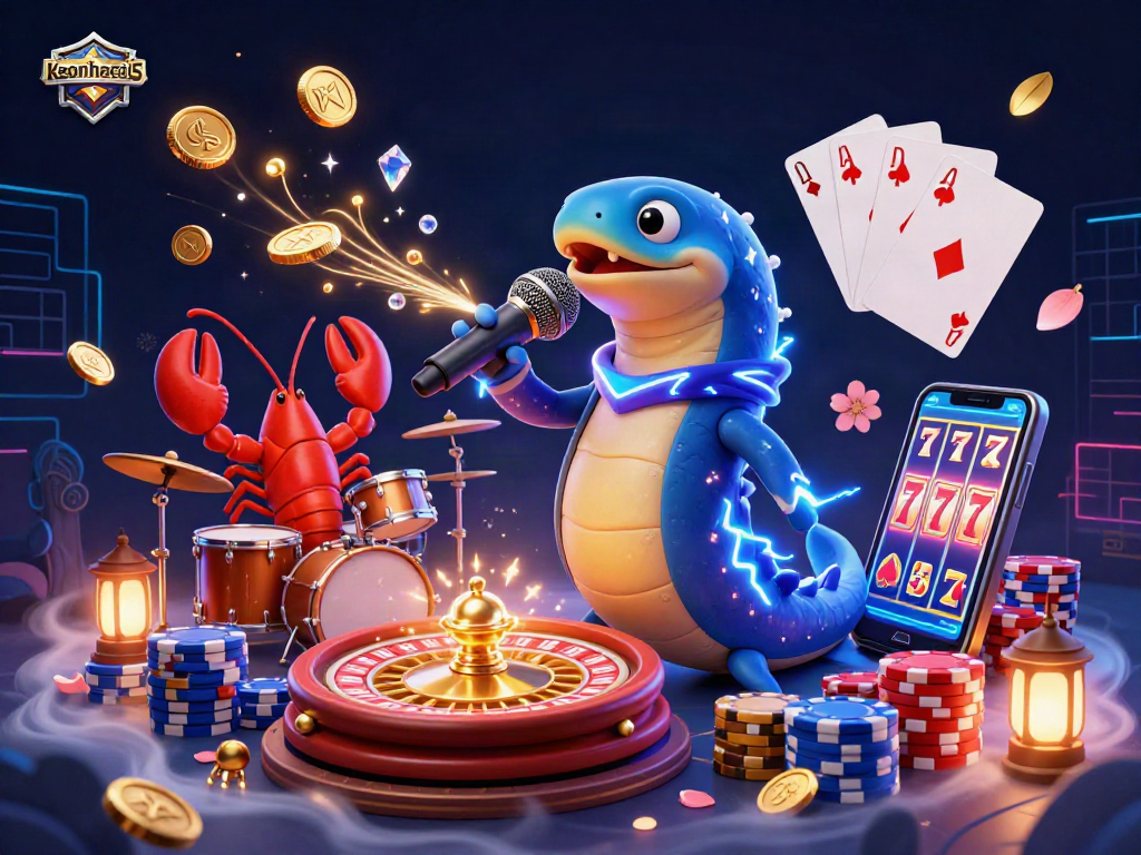 Engaging underwater casino scene showcasing keonhacai5 with a DJ electric eel, lobster drummer, and seahorse guitarist amidst dynamic gambling elements.