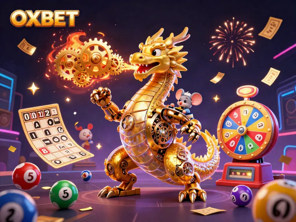 Experience the thrill of OXBET with a golden dragon and lottery elements in vibrant celebration.