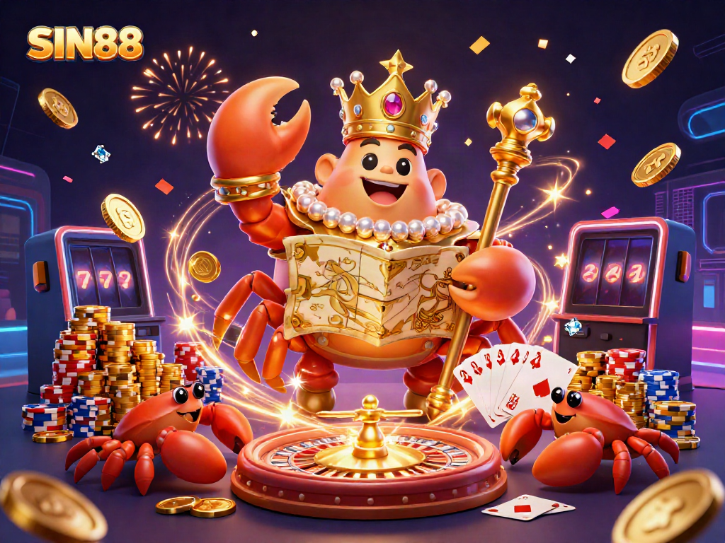 SIN88 showcases a vibrant casino scene featuring a golden crab holding a scepter among falling coins and colorful chips.