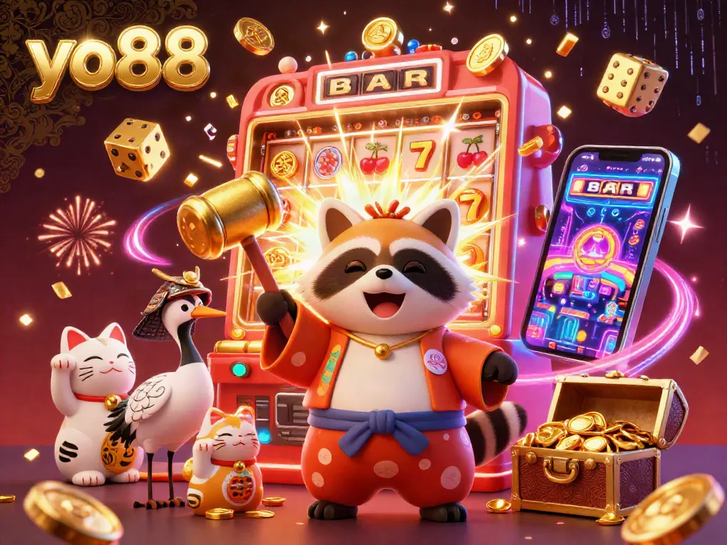 Engage with yo88's vibrant casino experience featuring a cheerful tanuki, rich elements, and jackpot excitement.