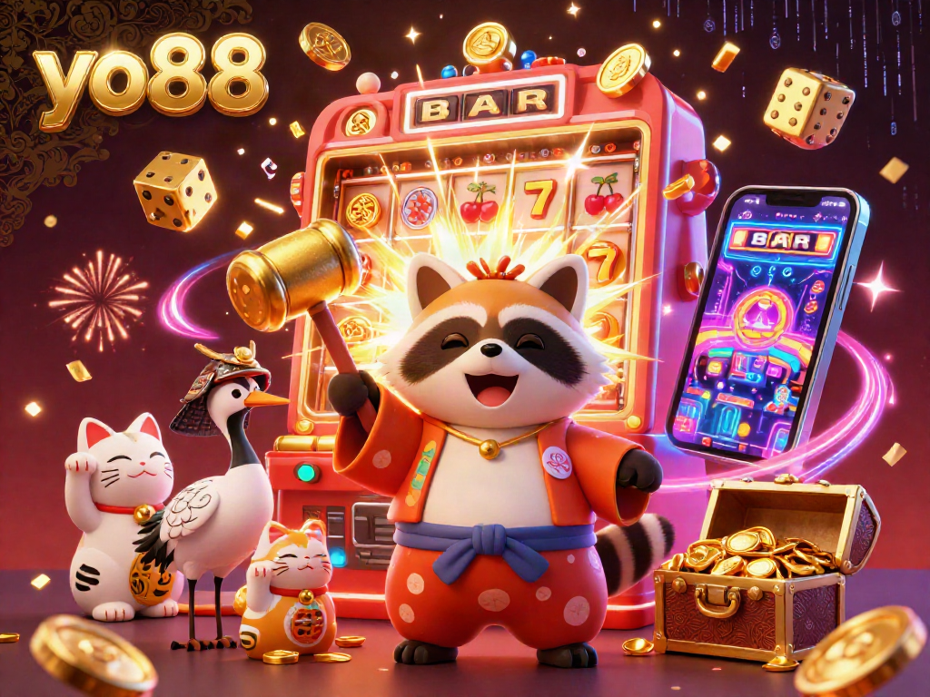 Engage with yo88's vibrant casino experience featuring a cheerful tanuki, rich elements, and jackpot excitement.
