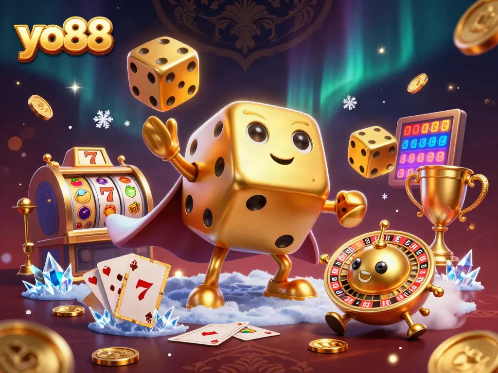 Yo88 engages players with dynamic slot reels, golden dice, and vibrant casino elements.