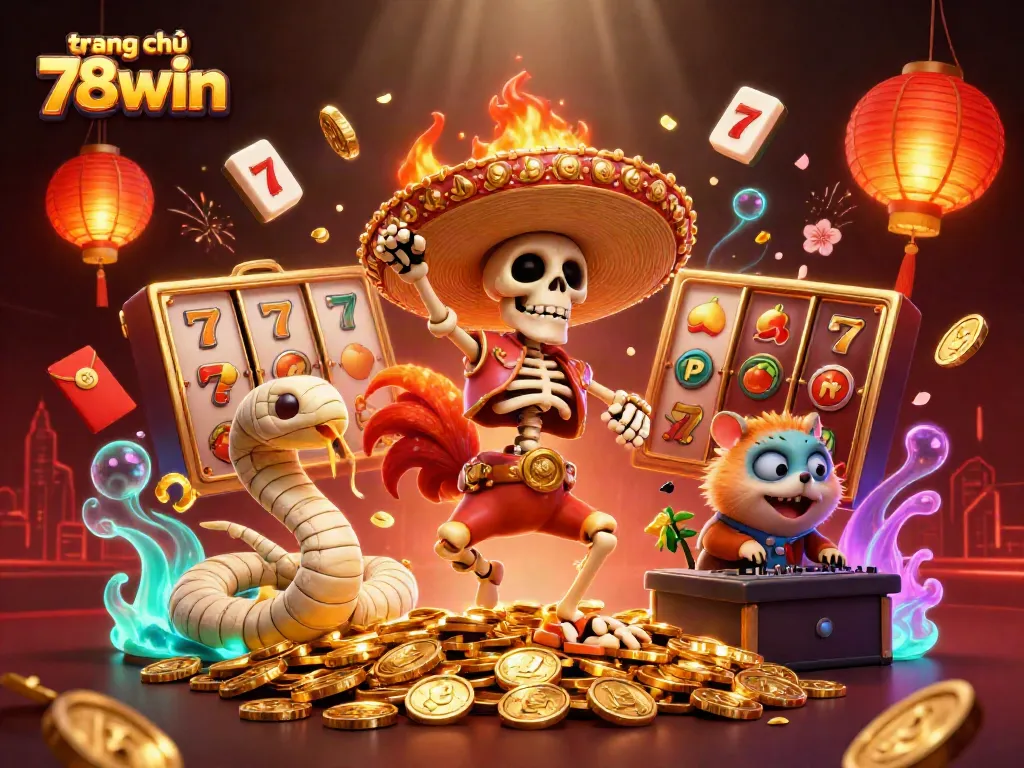Engage with exciting games at trang chủ 78win with vibrant 3D characters celebrating on golden coins.