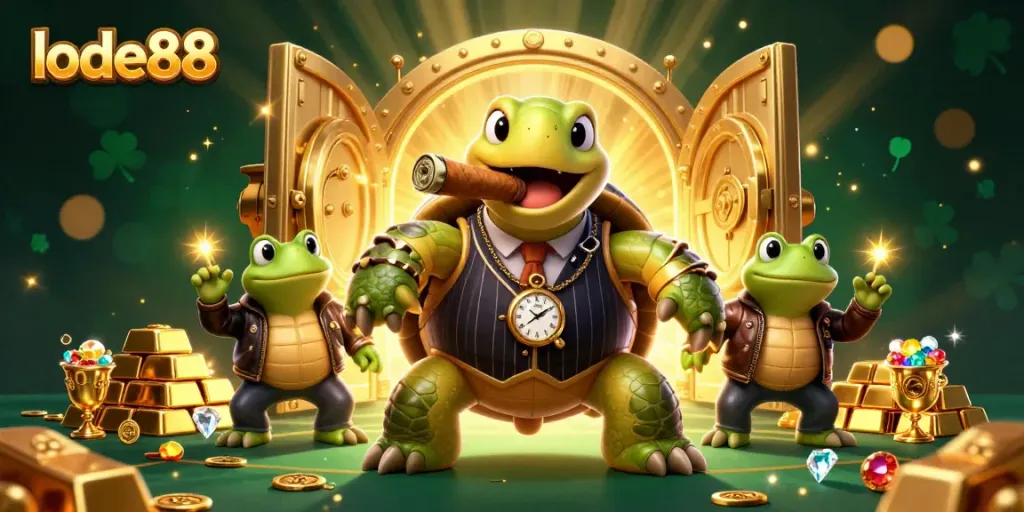Join the excitement at lode88 with this vibrant casino scene featuring a mobster turtle and bullfrogs.