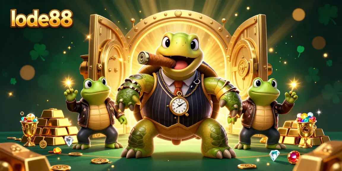 Join the excitement at lode88 with this vibrant casino scene featuring a mobster turtle and bullfrogs.