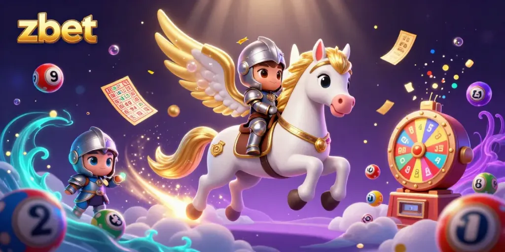 Place bets at zbet with a vibrant 3D casino scene featuring a celestial horse and lottery elements.