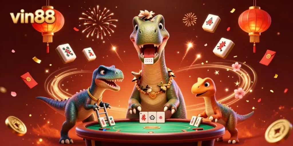 Experience the vibrant action at vin88's casino with a dinosaur dealer in a lively gaming scene.