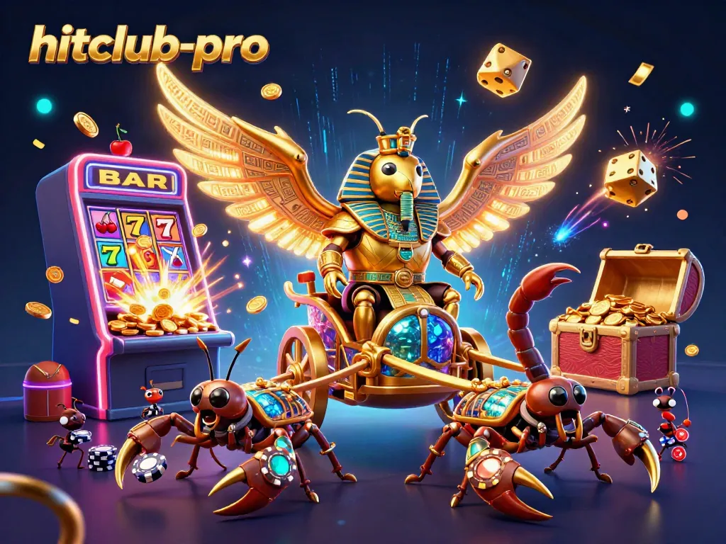 Engage in the world of hitclub-pro with a captivating jackpot scene featuring a golden scarab beetle, slot machines, and dynamic casino elements.
