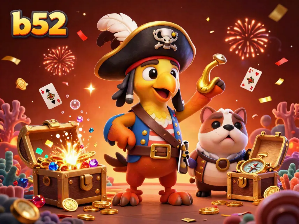 Engage with the vibrant b52 online casino scene full of treasure, playing cards, and pirate characters.
