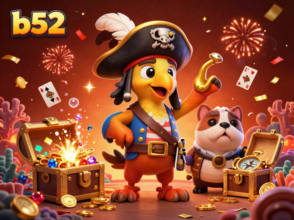 Engage with the vibrant b52 online casino scene full of treasure, playing cards, and pirate characters.
