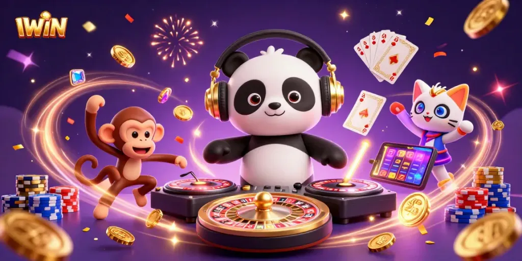 Experience thrilling gameplay with IWIN in a vibrant 3D casino scene featuring dynamic characters.