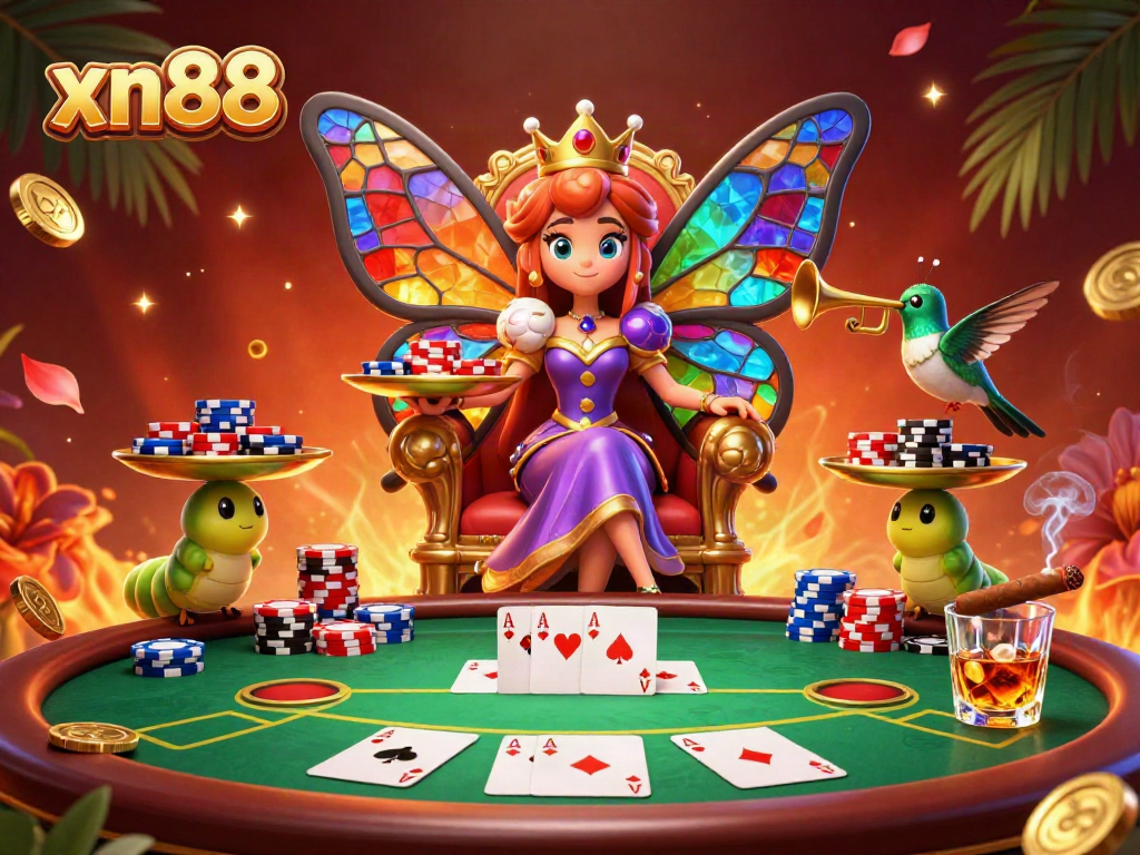 Win big at xn88 with a vibrant 3D casino scene featuring a butterfly queen, poker chips, and captivating gambling elements.