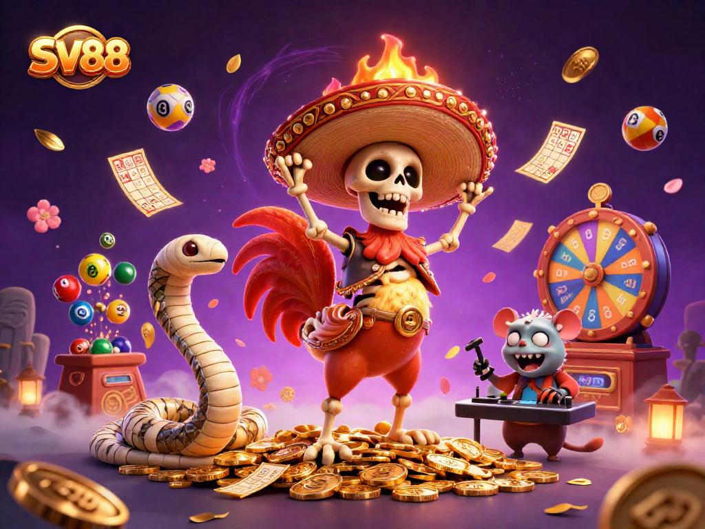 SV88 hosts an energetic scene with a victory dancing mariachi rooster and dynamic casino elements.