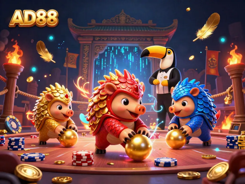 Experience the thrill of AD88 with pangolins bowling through poker chips in a vibrant casino scene.