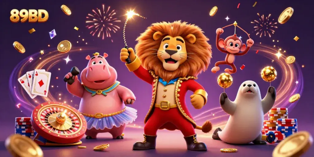 Engage in fun casino gameplay with a vibrant 89BD-themed 3D illustration of animated characters.