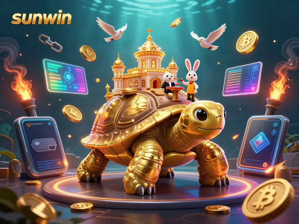 Experience the excitement of sunwin with a vibrant scene featuring a golden tortoise casino, golden coins, and lively characters.