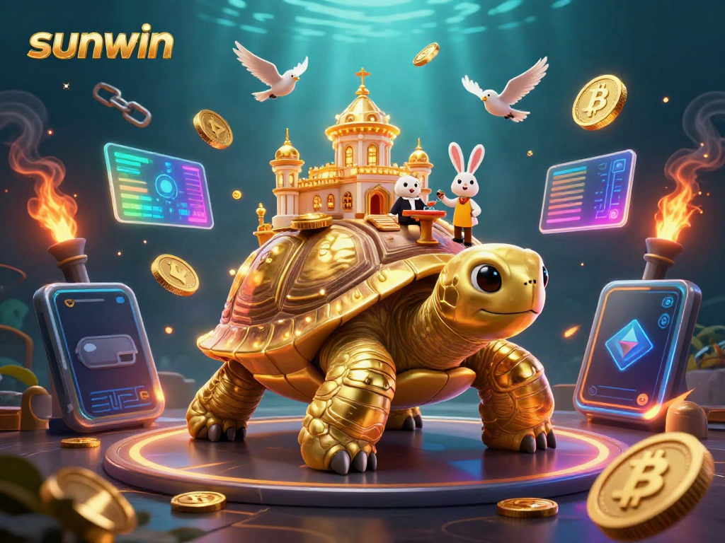 Experience the excitement of sunwin with a vibrant scene featuring a golden tortoise casino, golden coins, and lively characters.