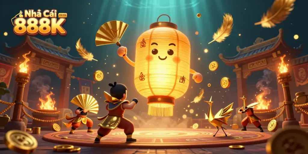 Experience the thrill of Nhà Cái 888K with golden lanterns and dynamic casino elements