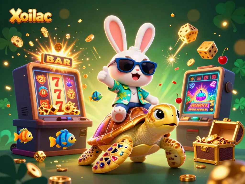 Xoilac offers energetic gambling experiences with a lucky rabbit and golden turtle amidst a vivid casino scene.