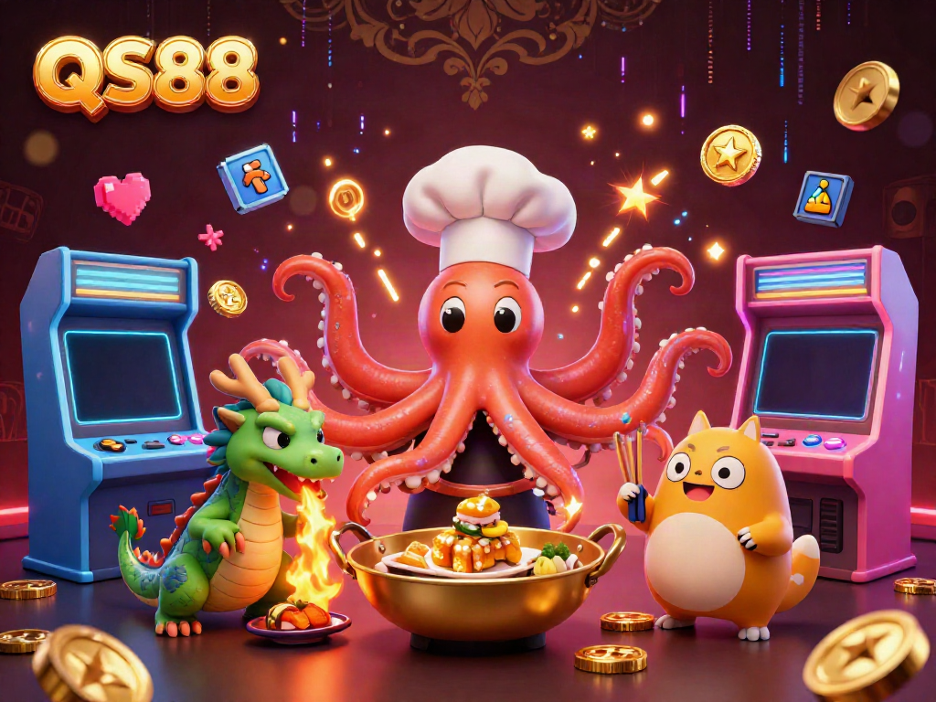 Experience thrilling QS88 gameplay with an octopus chef and dragon in this vibrant casino scene.