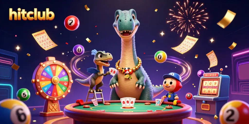 Engage with the hitclub gaming experience where a brontosaurus oversees a vibrant casino scene filled with excitement.