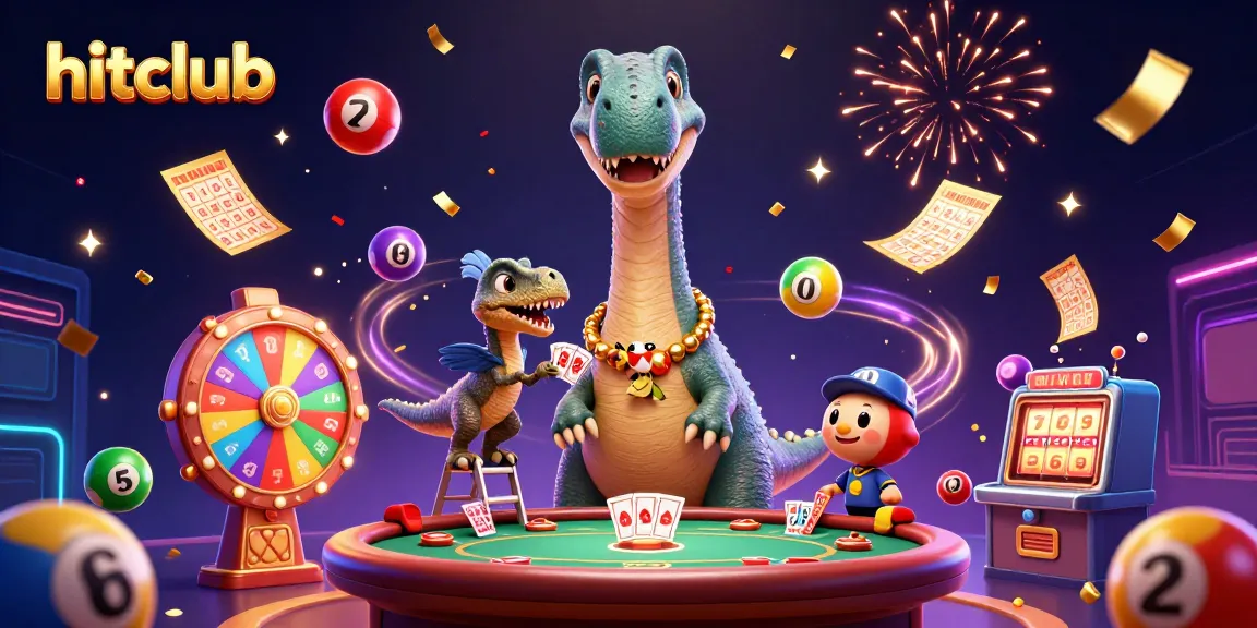 Engage with the hitclub gaming experience where a brontosaurus oversees a vibrant casino scene filled with excitement.